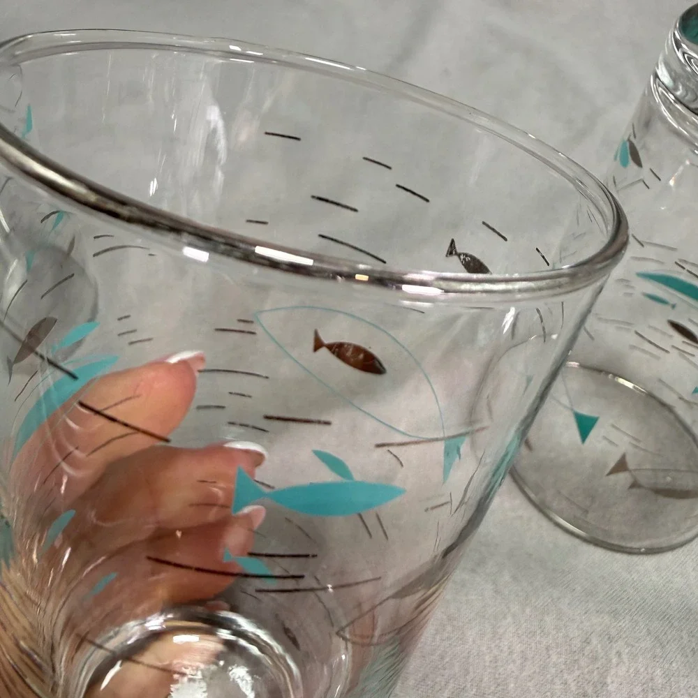 3 Libbey Mediterranean Atomic Fish Tumblers Aqua Platinum Silver MCM Glass Set